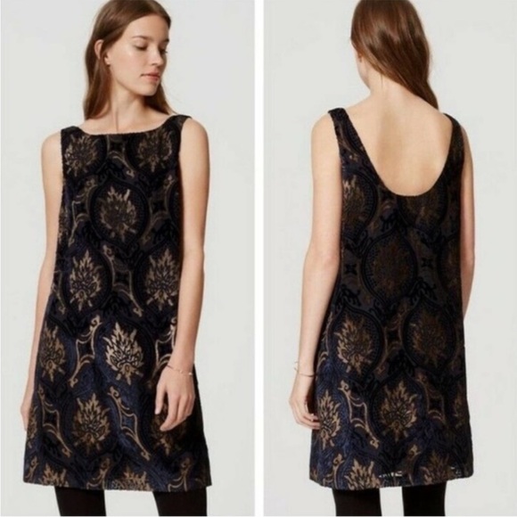 LOFT Dress Mystic Velvet Art Deco Swing Blue Gold Sleeveless Mini Small - Picture 1 of 8